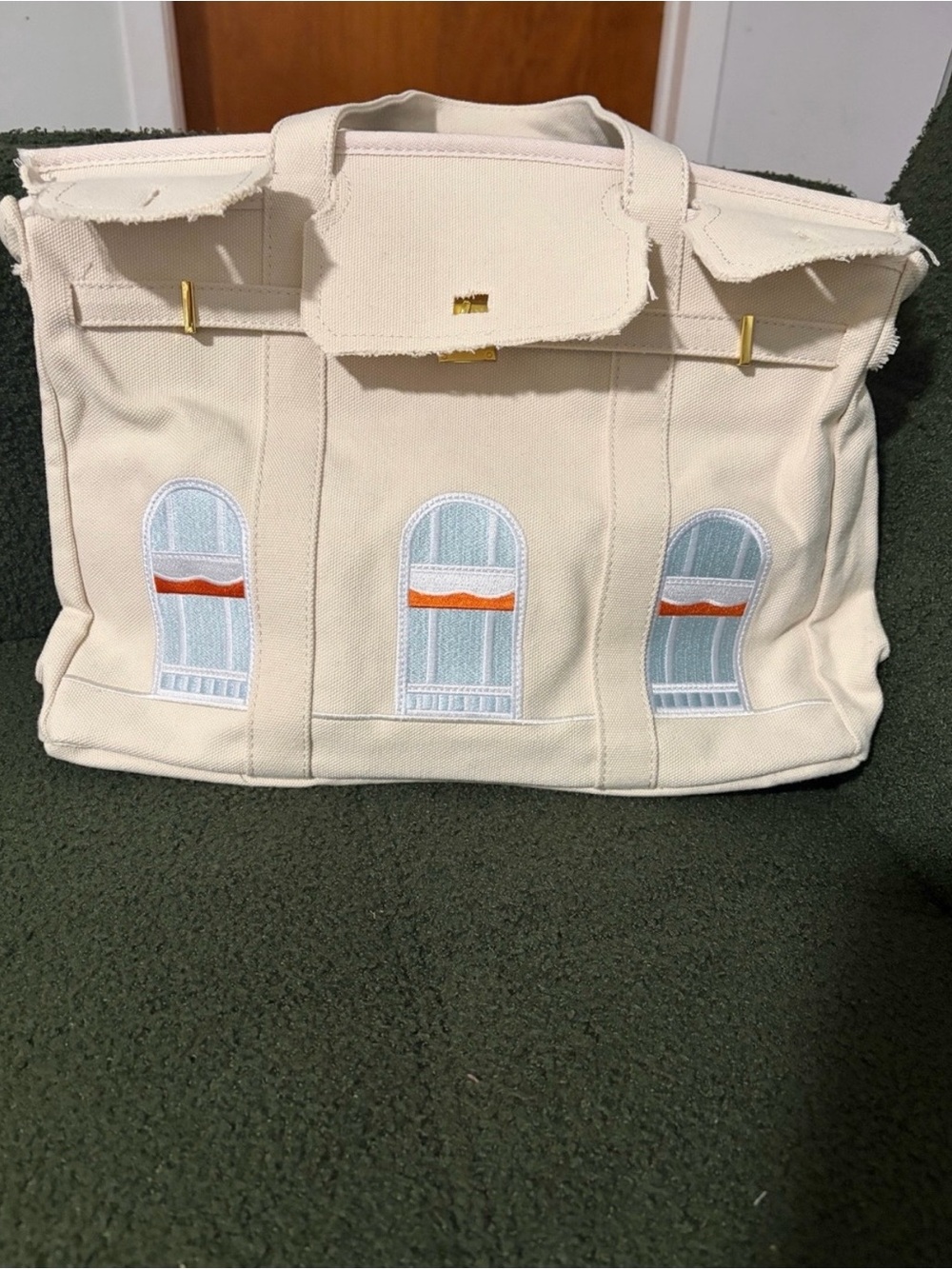 Canvas Tote Bag in Beige with Window Appliqué